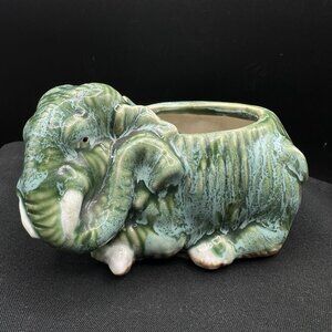 Vintage Green Drip Glaze Elephant Planter Mid Century Ceramic